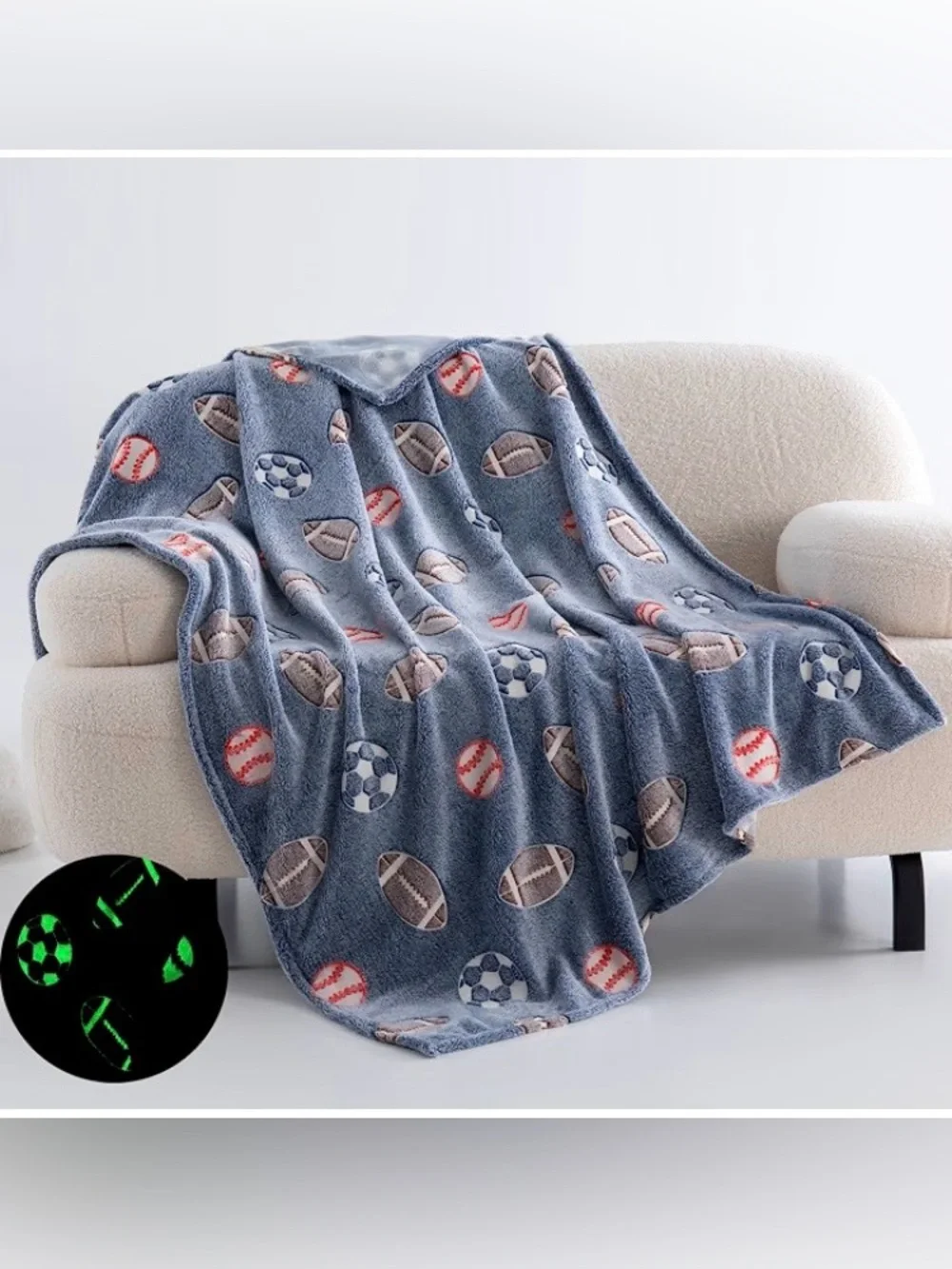 Glow in the Dark Blanket-Football & Baseball, Blue, 50x60” SEALED PACKAGE